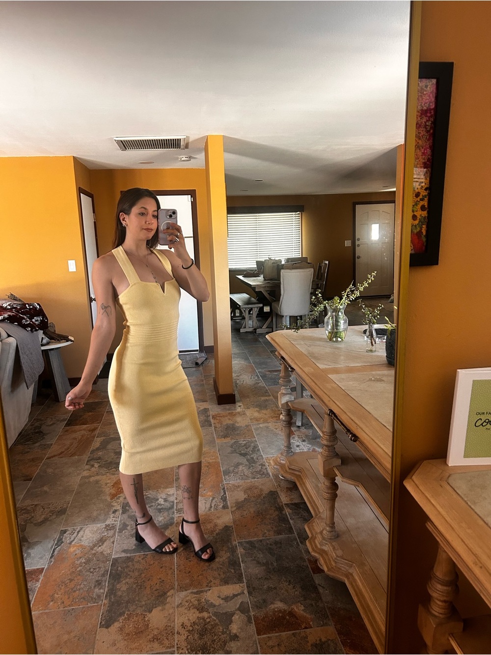 Express Pastel Yellow Bodycon Midi Dress Cross Open Back Ruched Medium/Small - Picture 1 of 10